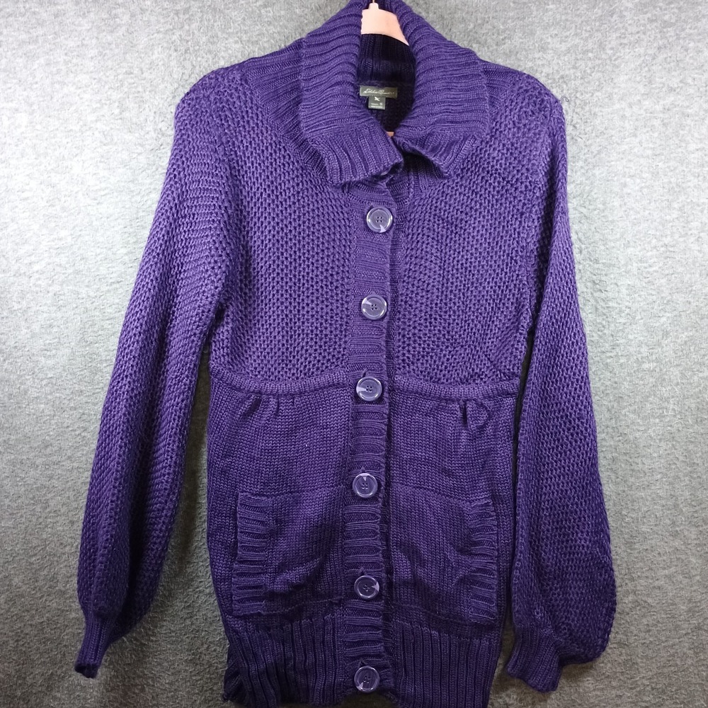 Eddie Bauer‎ Cardigan Womens S Button Down Pockets Knit Long Oversized Purple